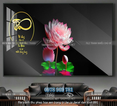 file tranh thu phap hoa sen trang tri be ca decal dan kinh 891
