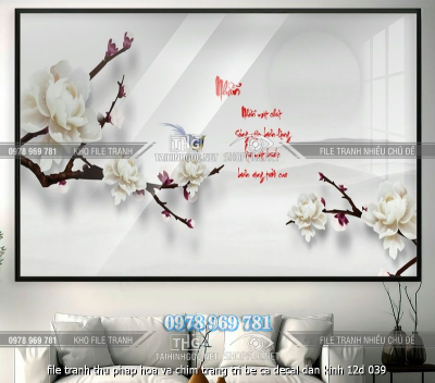 file tranh thu phap hoa va chim trang tri be ca decal dan kinh 12d 039