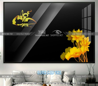 file tranh thu phap sen vang trang tri be ca decal dan kinh 12d 048
