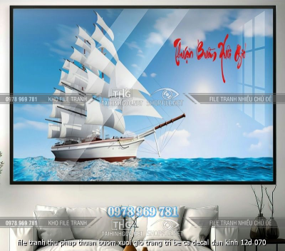 file tranh thu phap thuan buom xuoi gio trang tri be ca decal dan kinh 12d 070