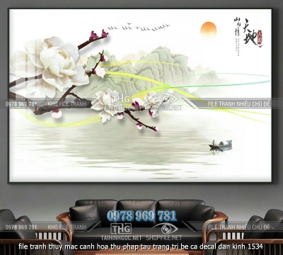 file tranh thuy mac canh hoa thu phap tau trang tri be ca decal dan kinh 1534