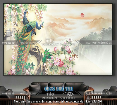 file tranh thuy mac chim cong trang tri be ca decal dan kinh r3d 004