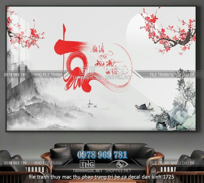 file tranh thuy mac thu phap trang tri be ca decal dan kinh 1725