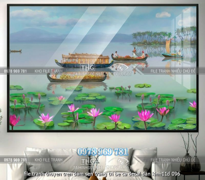 file tranh thuyen tren dam sen trang tri be ca decal dan kinh11d 096