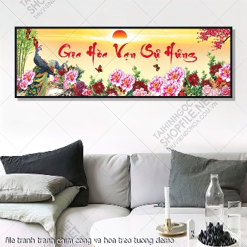 file tranh tranh chim cong va hoa treo tuong