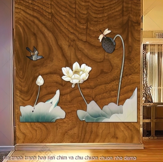 file tranh tranh hoa sen chim va chu chuon chuon nho