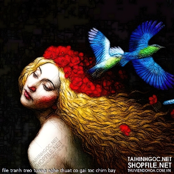 file tranh treo tuong nghe thuat co gai toc chim bay