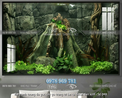 file tranh tuong da goc cay go trang tri be ca decal dan kinh r3d 049