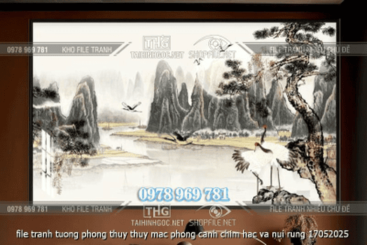 file tranh tuong phong thuy thuy mac phong canh chim hac va nui rung 17052025