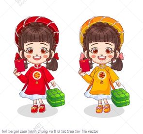 hai be gai cam banh chung va li xi tet tren tay file vector