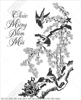 hai chu chim dau tren canh mai den trang nam moi file vector