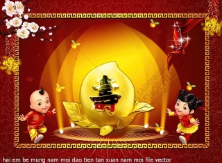 hai em be mung nam moi dao tien tan xuan nam moi file vector