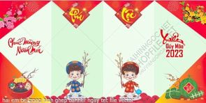hai em be trong hinh ghep banner ngay tet file vector