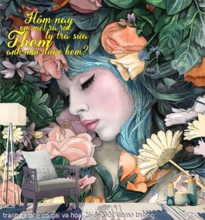 tranh ca phe co gai va hoa 26 8 2021 truong