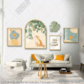 tranh dong ho den dien led neon ghep 5 tam meo va cay la 1722023 dao