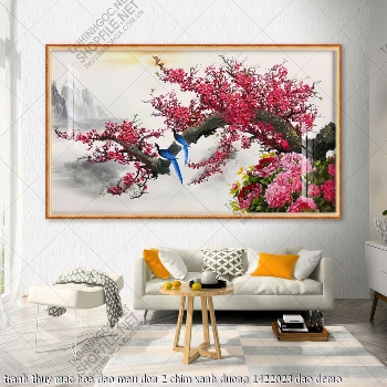 tranh thuy mac hoa dao mau don 2 chim xanh duong 1422023 dao